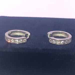 STERLING Silver & White Cz Stone Hoop Earrings 17mm Hoops / 4mm Width